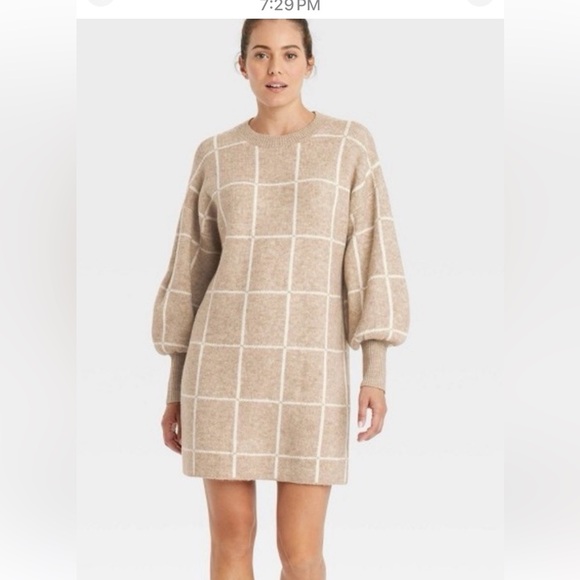 a new day Dresses & Skirts - a new day Beige Checkered Long Sleeve Dress